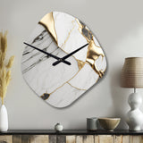 Abstract Geode Marble White And Gold I - Asymmetric Metal Wall Clock