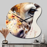 Giraffe Portrait With Sunflowers I - Asymmetric Metal Wall Clock