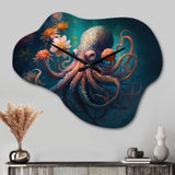 Octopus In The Ocean With Flowers III - Asymmetric Metal Wall Clock