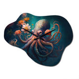 Octopus In The Ocean With Flowers III - Asymmetric Metal Wall Clock