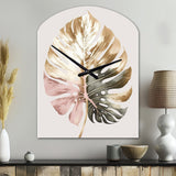 Gold And White Philodendron Leaf II - Asymmetric Metal Wall Clock