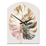 Gold And White Philodendron Leaf II - Asymmetric Metal Wall Clock