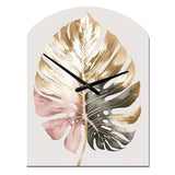 Gold And White Philodendron Leaf II - Asymmetric Metal Wall Clock