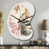 Gold And White Philodendron Leaf II - Asymmetric Metal Wall Clock