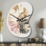 Gold And White Philodendron Leaf II - Asymmetric Metal Wall Clock