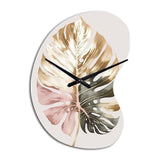 Gold And White Philodendron Leaf II - Asymmetric Metal Wall Clock
