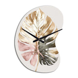 Gold And White Philodendron Leaf II - Asymmetric Metal Wall Clock