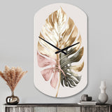 Gold And White Philodendron Leaf II - Asymmetric Metal Wall Clock