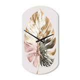 Gold And White Philodendron Leaf II - Asymmetric Metal Wall Clock