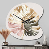 Gold And White Philodendron Leaf II - Asymmetric Metal Wall Clock