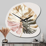 Gold And White Philodendron Leaf II - Asymmetric Metal Wall Clock
