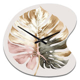 Gold And White Philodendron Leaf II - Asymmetric Metal Wall Clock