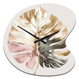 Gold And White Philodendron Leaf II - Asymmetric Metal Wall Clock