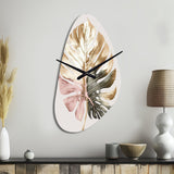 Gold And White Philodendron Leaf II - Asymmetric Metal Wall Clock