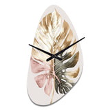 Gold And White Philodendron Leaf II - Asymmetric Metal Wall Clock