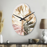 Gold And White Philodendron Leaf II - Asymmetric Metal Wall Clock