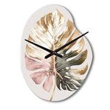 Gold And White Philodendron Leaf II - Asymmetric Metal Wall Clock