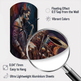 Saxophone Player On Stage III - Asymmetric Metal Wall Clock
