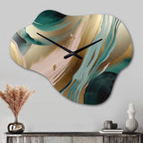 Gold And Green Marbled Euphoria V - Asymmetric Metal Wall Clock