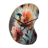 Blue Little Bird On Rose Tree Bunch II - Asymmetric Metal Wall Clock