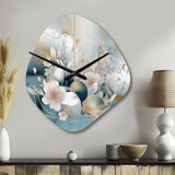Blue Marble Gold Floral Impressions III - Asymmetric Metal Wall Clock