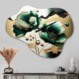 Gold And Green Poppy Floral Euphoria I - Asymmetric Metal Wall Clock