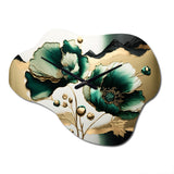 Gold And Green Poppy Floral Euphoria I - Asymmetric Metal Wall Clock