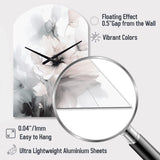 Soft Light Grey Flowers I - Asymmetric Metal Wall Clock
