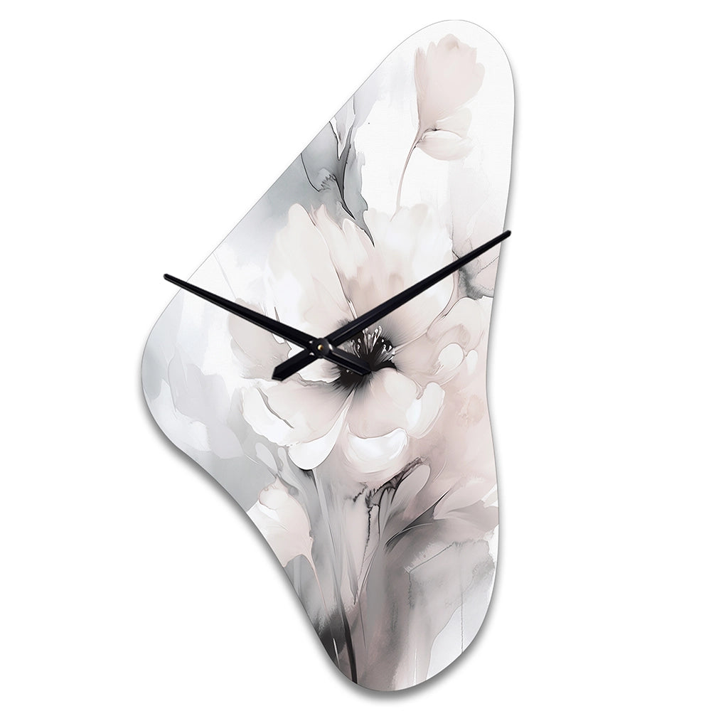 Soft Light Grey Flowers I - Asymmetric Metal Wall Clock