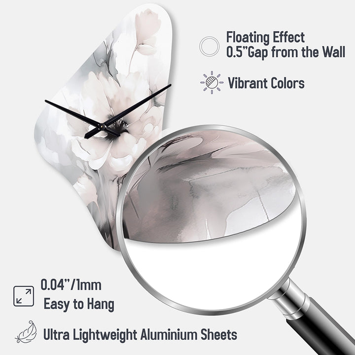Soft Light Grey Flowers I - Asymmetric Metal Wall Clock