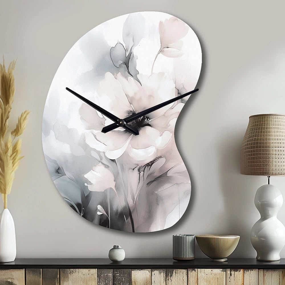 Soft Light Grey Flowers I - Asymmetric Metal Wall Clock