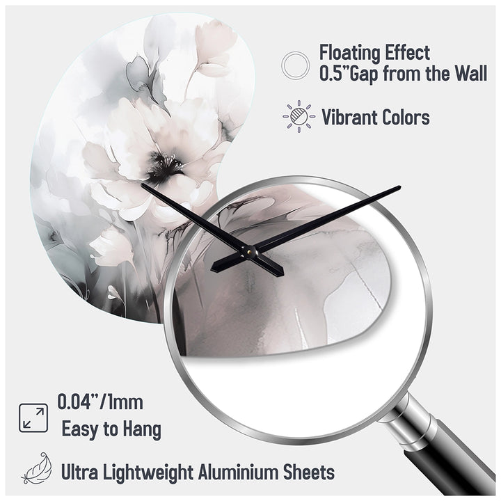 Soft Light Grey Flowers I - Asymmetric Metal Wall Clock