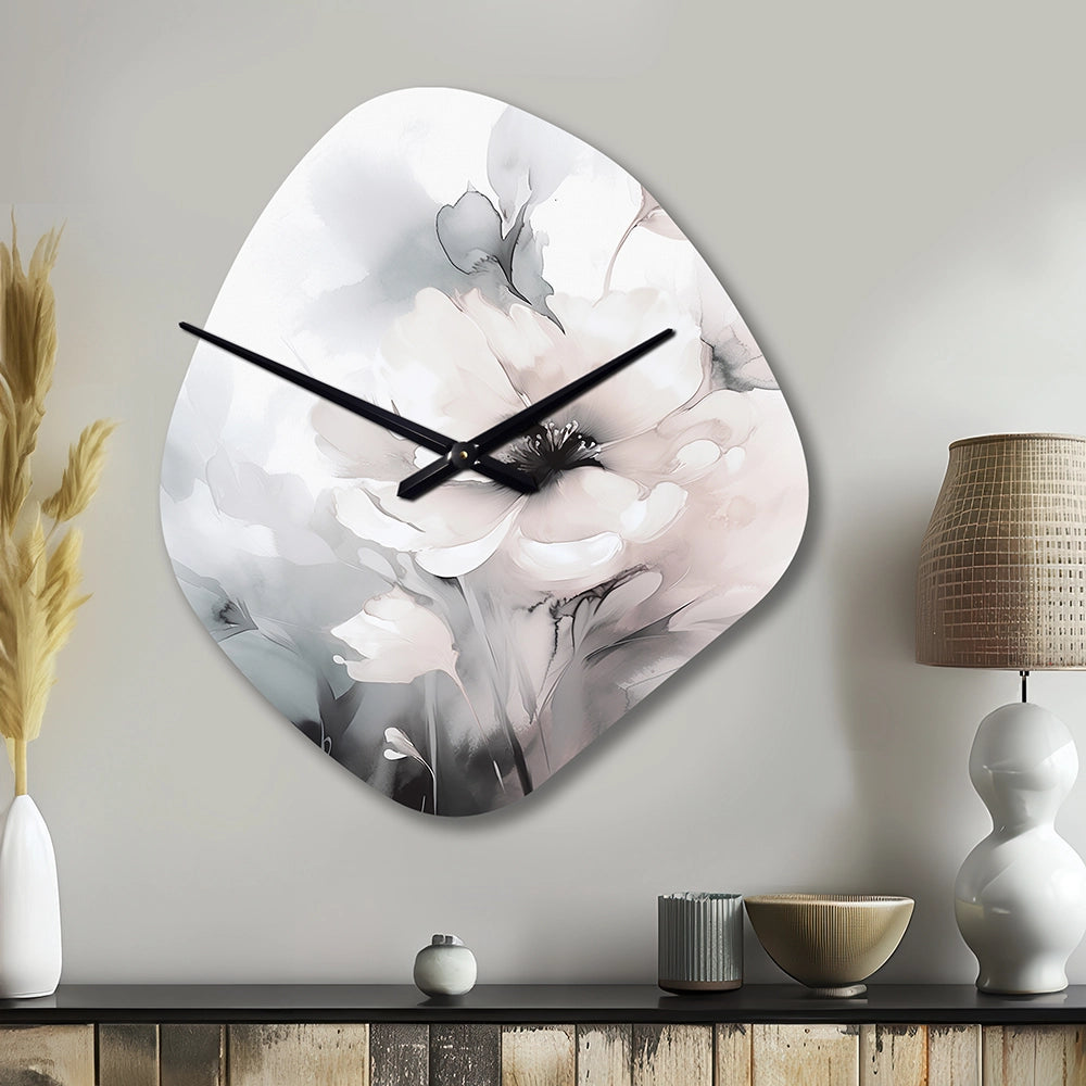 Soft Light Grey Flowers I - Asymmetric Metal Wall Clock