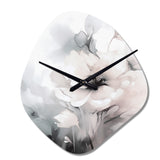 Soft Light Grey Flowers I - Asymmetric Metal Wall Clock