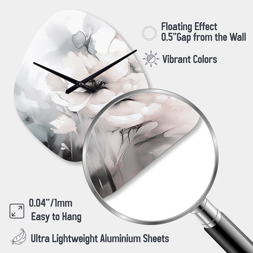 Soft Light Grey Flowers I - Asymmetric Metal Wall Clock