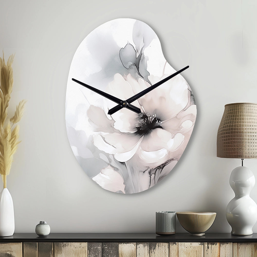 Soft Light Grey Flowers I - Asymmetric Metal Wall Clock