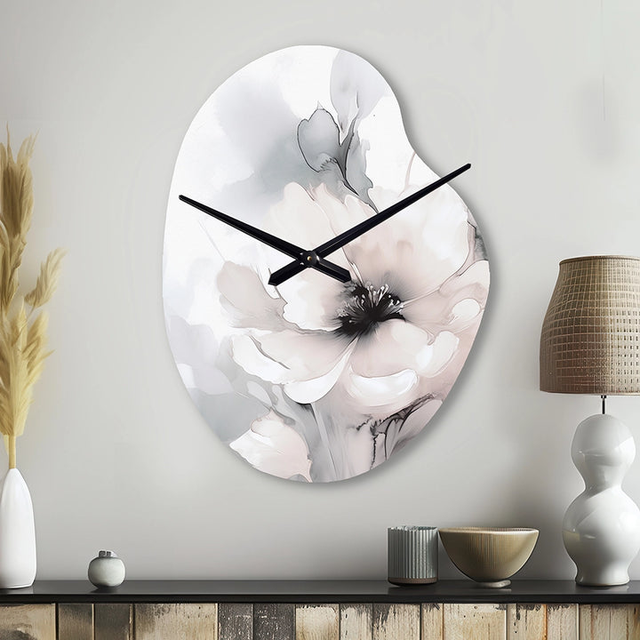 Soft Light Grey Flowers I - Asymmetric Metal Wall Clock
