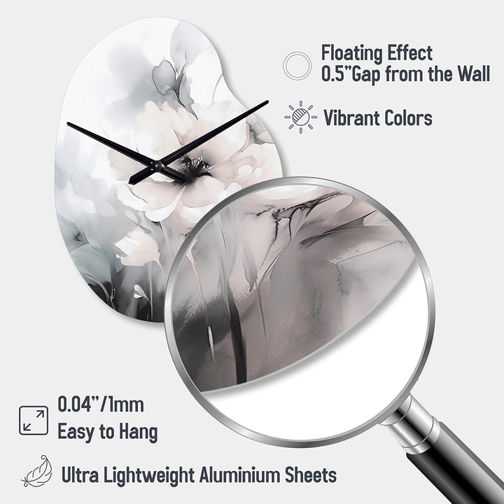 Soft Light Grey Flowers I - Asymmetric Metal Wall Clock