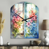 Window Of Floral Blooms I - Asymmetric Metal Wall Clock
