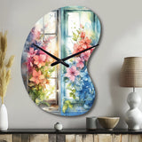 Window Of Floral Blooms I - Asymmetric Metal Wall Clock