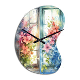 Window Of Floral Blooms I - Asymmetric Metal Wall Clock
