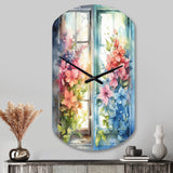 Window Of Floral Blooms I - Asymmetric Metal Wall Clock