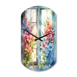 Window Of Floral Blooms I - Asymmetric Metal Wall Clock