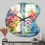 Window Of Floral Blooms I - Asymmetric Metal Wall Clock