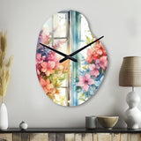 Window Of Floral Blooms I - Asymmetric Metal Wall Clock