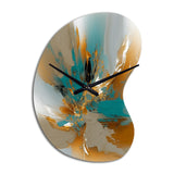 Gold And Turquoise Marble Fuild Ink I - Asymmetric Metal Wall Clock