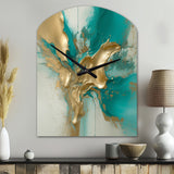 Gold And Turquoise Marble Fuild Ink II - Asymmetric Metal Wall Clock