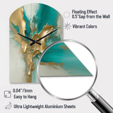 Gold And Turquoise Marble Fuild Ink II - Asymmetric Metal Wall Clock