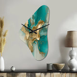Gold And Turquoise Marble Fuild Ink II - Asymmetric Metal Wall Clock