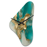 Gold And Turquoise Marble Fuild Ink II - Asymmetric Metal Wall Clock